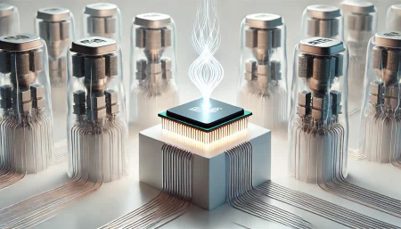 Ilustración surrealista de BitNet funcionando desde una CPU pequeña, rodeada de siluetas de supercomputadores desvanecidos, sobre fondo blanco