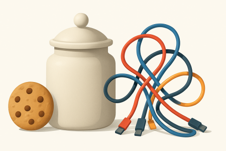 Tarro de galletas blanco con una galleta y cables de datos coloridos enredados sobre fondo blanco, simbolizando el bloqueo de cookies y la privacidad online