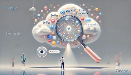 Persona observando una lupa flotante que escanea íconos de fotos con ayuda de una IA, representando la integración de Gemini en Google Photos para búsquedas inteligentes y contextuales.