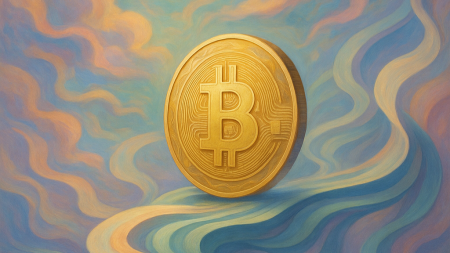 Ilustración surrealista de un Bitcoin dorado flotando sobre un río de colores pastel que representa los crecientes costes de la minería de criptomonedas.
