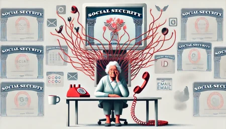 Ilustración surrealista y minimalista en fondo blanco que representa el colapso del portal del Seguro Social en EE.UU. Muestra a una mujer mayor confundida frente a una computadora rota, simbolizando los fallos tecnológicos que afectan el acceso a beneficios de jubilación.