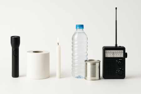 Kit de emergencia para apagón: linterna, papel higiénico, vela, agua, lata de conservas y radio portátil.