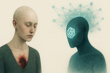 Arte digital surrealista que simboliza la colaboración entre inteligencia artificial y diagnóstico médico temprano del cáncer.