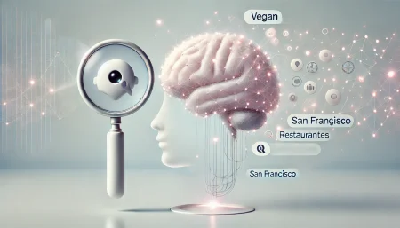 Ilustración conceptual minimalista de una inteligencia artificial que usa memoria para personalizar búsquedas en Internet, con cerebro simbólico, lupa flotante y burbuja de preferencias del usuario como “vegano” y “San Francisco”, sobre fondo blanco.
