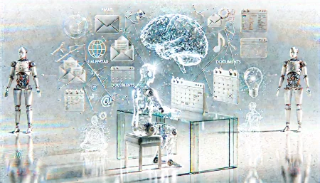 Ilustración surrealista y minimalista sobre la inteligencia artificial de Claude, representando cómo realiza investigaciones profundas y se integra con herramientas como Gmail y Calendar para optimizar la productividad de los usuarios.