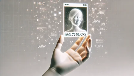 Ilustración minimalista que representa cómo Midjourney genera imágenes realistas usando nombres de archivo como IMG_7249.CR2