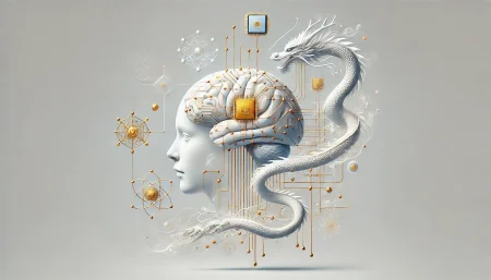 Ilustración surrealista y minimalista de una computadora cuántica china con chip de 72 cúbits ajustando un modelo de inteligencia artificial. Representación conceptual con cerebro humano, dragón de datos y elementos cuánticos. Fondo blanco, estilo limpio y simbólico.
