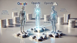Ilustración digital subrealista y minimalista con fondo blanco, que representa a tres agentes de inteligencia artificial colaborando sobre piezas de rompecabezas conectadas, simbolizando el uso del Model Context Protocol (MCP) por parte de Google, OpenAI y Anthropic.