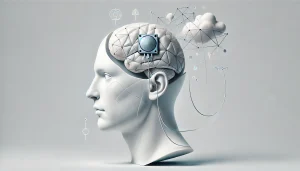 Ilustración minimalista con estilo surrealista que representa un implante cerebral conectado a pensamientos abstractos, ideal para contenidos sobre interfaces cerebro-computadora, tecnología médica y avances en neurotecnología.