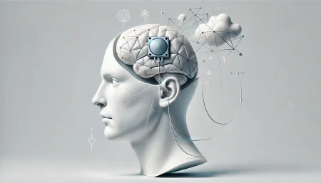 Ilustración minimalista con estilo surrealista que representa un implante cerebral conectado a pensamientos abstractos, ideal para contenidos sobre interfaces cerebro-computadora, tecnología médica y avances en neurotecnología.