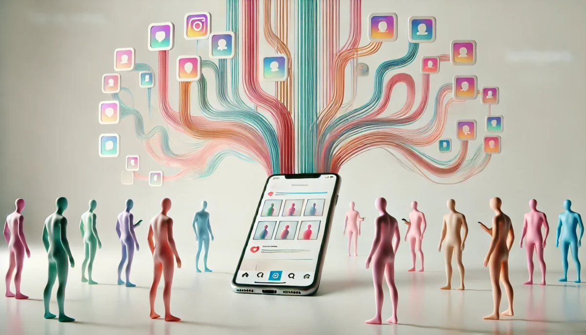 Ilustración subrealista de Instagram Blend con siluetas conectadas a un smartphone mostrando Reels compartidos