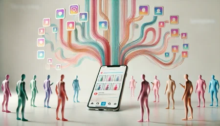 Ilustración subrealista de Instagram Blend con siluetas conectadas a un smartphone mostrando Reels compartidos