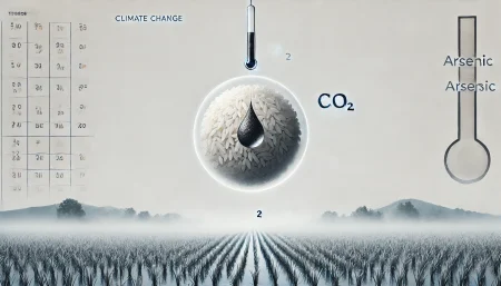Grano de arroz flotando con una gota negra de arsénico, sobre fondo blanco, simbolizando el impacto del cambio climático en la seguridad alimentaria