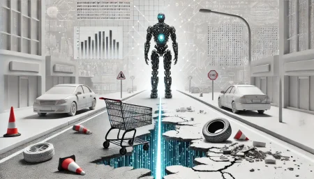 Ilustración digital surrealista y minimalista que muestra la brecha entre el desarrollo de la inteligencia artificial y los desafíos cotidianos como infraestructura deteriorada, inflación y desigualdad social.
