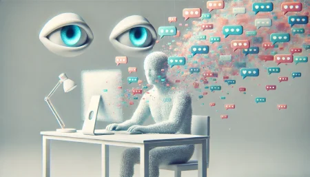 Ilustración digital minimalista y surrealista en fondo blanco que representa los riesgos de filtración de conversaciones privadas por chatbots de inteligencia artificial. Un personaje sin rostro, hecho de burbujas de chat, interactúa con una computadora mientras fragmentos de datos flotan hacia ojos que espían en los bordes.