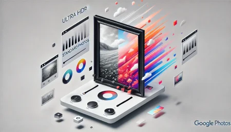 Ilustración minimalista que simboliza la conversión de imágenes SDR a Ultra HDR en Google Photos, con un marco dividido entre blanco y color.
