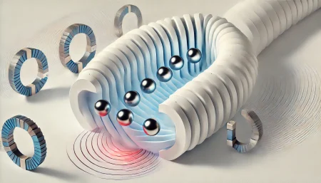 Ilustración digital subrealista y minimalista de un acelerador de plasma. Representa haces de electrones como esferas luminosas azules pasando por una chicane de imanes geométricos y una onda de radiofrecuencia que ajusta su energía, todo sobre un fondo blanco. Ideal para explicar avances en aceleradores compactos.