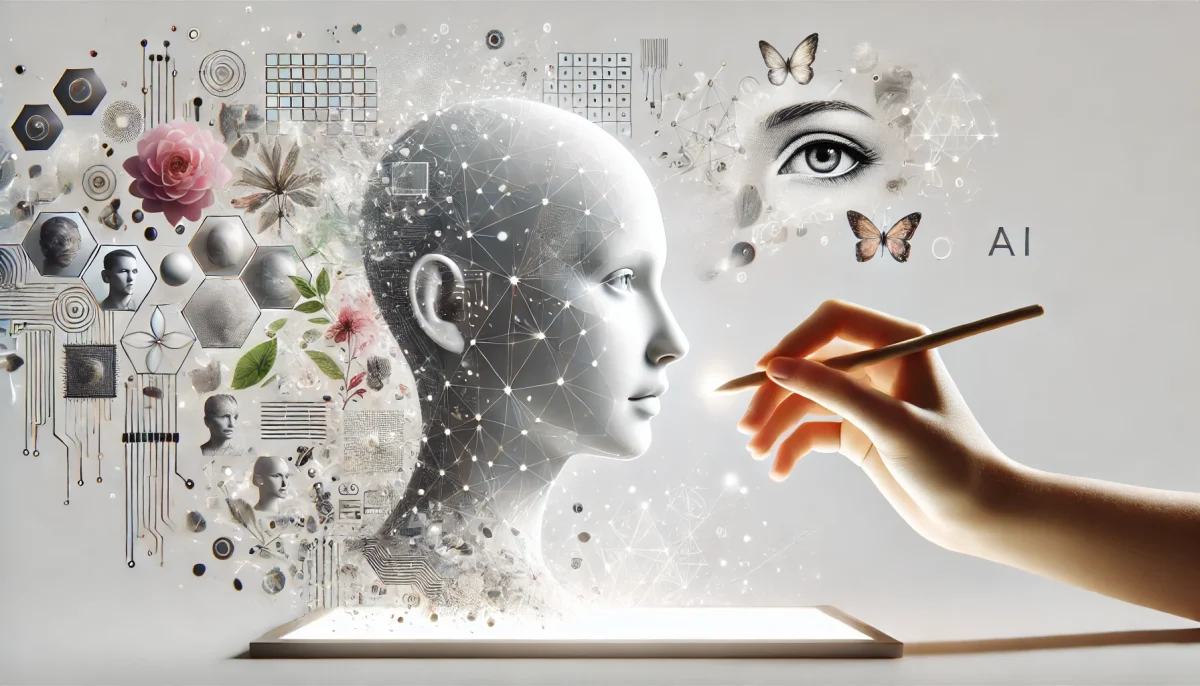 Ilustración surrealista y minimalista sobre la generación de imágenes con inteligencia artificial. Un rostro humano translúcido y geométrico observa un lienzo brillante con fragmentos visuales, simbolizando la creatividad guiada por IA.