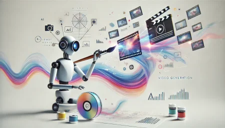 Ilustración surrealista de un robot generando vídeos con inteligencia artificial, concepto visual de Runway Gen-4 Turbo