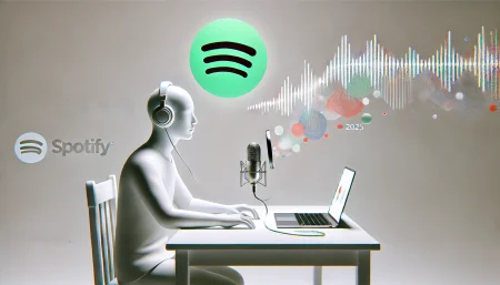 Ilustración subrealista y minimalista que representa el proceso de grabar y publicar un podcast en Spotify en 2025, con elementos flotantes, ondas de sonido abstractas y ambiente tecnológico creativo