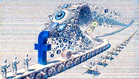 Ilustración digital surrealista y minimalista que muestra cómo Facebook (Meta) ha evolucionado de una red social centrada en la amistad a una plataforma impulsada por contenidos generados por IA, representando la pérdida del enfoque social en favor del entretenimiento y la rentabilidad algorítmica.