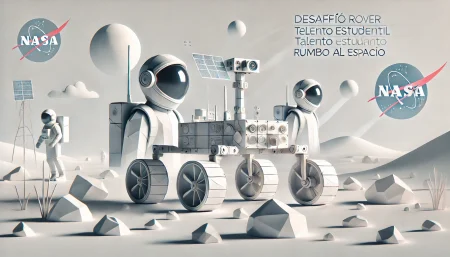 Ilustración surrealista y minimalista de un rover lunar diseñado por estudiantes, con fondo blanco. Dos jóvenes con cascos espaciales pilotan el vehículo en un entorno simbólico de baja gravedad, ideal para representar el Human Exploration Rover Challenge de la NASA.