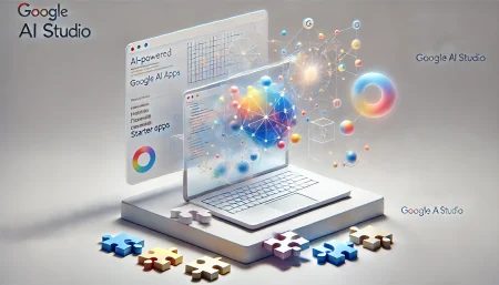 Ilustración digital surrealista y minimalista sobre fondo blanco que representa el desarrollo de aplicaciones con inteligencia artificial en Google AI Studio usando la API de Gemini. Incluye laptop flotante, código abstracto y piezas de apps ensamblándose.