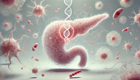 Ilustración científica del cáncer de páncreas con proteína Galectina-1 interactuando con fibroblastos en un estilo subrealista y minimalista.