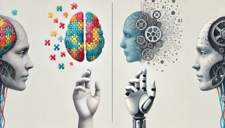 Imagen surrealista y minimalista que muestra una comparación visual entre un cerebro humano hecho de piezas de rompecabezas y una cabeza robótica llena de engranajes, simbolizando las diferencias entre la cognición humana y el funcionamiento de la inteligencia artificial. Ideal para artículos sobre IA, razonamiento abstracto y pensamiento crítico.