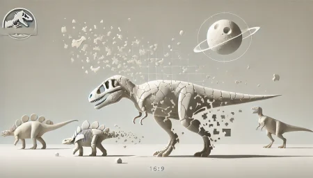 Ilustración minimalista que representa la extinción de los dinosaurios y la posible distorsión del registro fósil antes del impacto del meteorito. El fondo blanco resalta la idea de ausencia de datos, mientras que las formas abstractas muestran cómo los científicos reconstruyen el pasado con piezas incompletas.