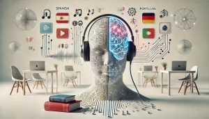 Ilustración surrealista y minimalista sobre cómo la inteligencia artificial permite el doblaje automático de cursos online en varios idiomas. Representa un rostro humano dividido entre ondas sonoras y circuitos digitales, con símbolos de idioma y elementos educativos flotantes como libros y auriculares.