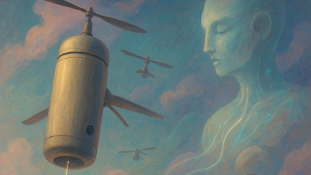 Drones inteligentes y guerra del futuro en una ilustración surrealista