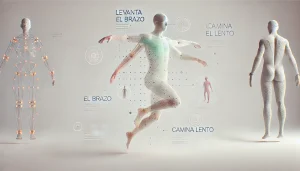 Ilustración surrealista y minimalista de un cuerpo humano en 3D editado por IA, con partes flotantes y comandos en texto.