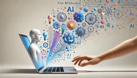 Ilustración surrealista y minimalista con fondo blanco sobre la educación gratuita en inteligencia artificial. Una persona abre un portátil del que emergen formas abstractas que simbolizan el conocimiento digital, representando la accesibilidad y el poder transformador del aprendizaje en IA.