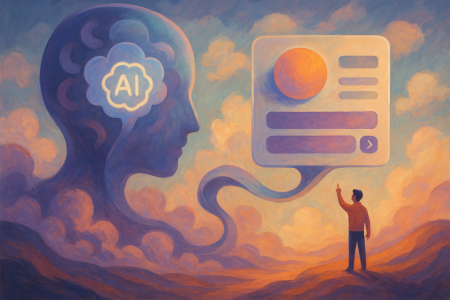 Cabeza transparente con cerebro luminoso y un widget flotante conectado, sobre un paisaje surrealista que simboliza la automatización con inteligencia artificial en Android.