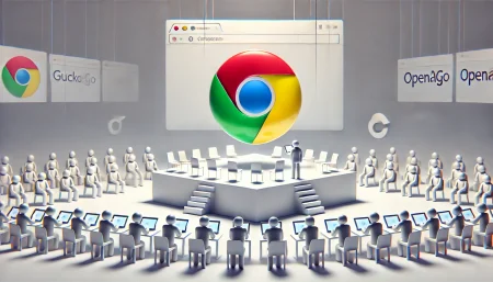 Representación minimalista de la posible venta de Chrome con DuckDuckGo, OpenAI y Perplexity en competencia