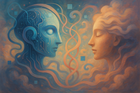 Ilustración surrealista de inteligencia artificial vigilando redes humanas en un entorno onírico y abstracto.