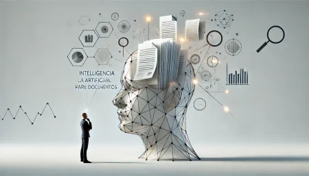 Imagen conceptual surrealista y minimalista de IA procesando documentos empresariales con Embed 4 de Cohere, ideal para ilustrar artículos sobre búsqueda inteligente, RAG y análisis de datos no estructurados.