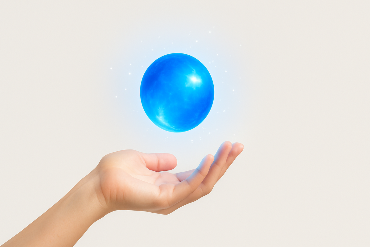 Mano minimalista sosteniendo esfera de energía azul representando hidrógeno verde