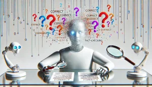 Ilustración de un robot con símbolos flotantes que representan alucinaciones de IA, en un estilo surrealista y fondo blanco.