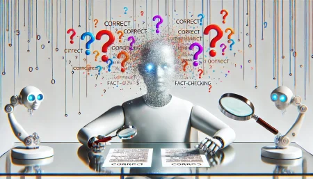 Ilustración de un robot con símbolos flotantes que representan alucinaciones de IA, en un estilo surrealista y fondo blanco.