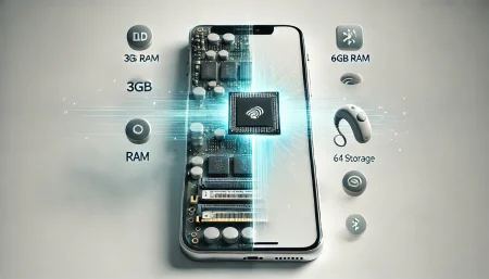 Ilustración minimalista y subrealista de un smartphone que evoluciona desde un modelo básico con 3GB de RAM hasta uno moderno con 6GB, representando los nuevos requisitos mínimos de Android 16. Incluye íconos de RAM, almacenamiento y funciones de emergencia en un fondo blanco.