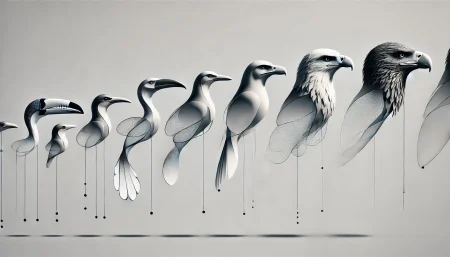 Ilustración minimalista sobre la evolución de los picos desde dinosaurios a aves modernas siguiendo la cascada de potencias.