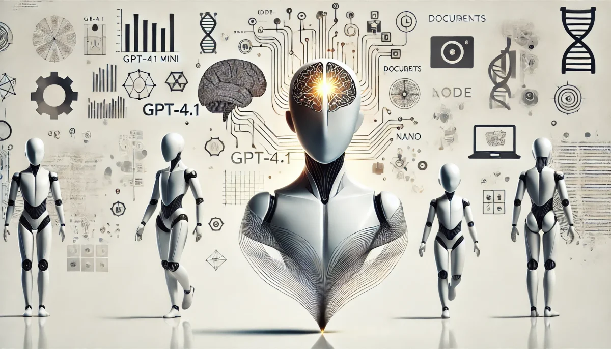 Ilustración subrealista y minimalista que simboliza la evolución de los modelos de inteligencia artificial de OpenAI: GPT-4.1, GPT-4.1 Mini y Nano. Representados como figuras abstractas conectadas por un hilo dorado de datos, rodeadas de íconos que aluden a sus capacidades con código, documentos e imágenes, todo sobre un fondo blanco y futurista.