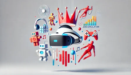 Ilustración surrealista y minimalista de un visor VR flotante con formas que representan juegos populares de Meta Quest sobre fondo blanco.