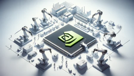Ilustración subrealista y minimalista de una fábrica tecnológica en Estados Unidos, donde brazos robóticos ensamblan un chip NVIDIA gigante, simbolizando la producción local de supercomputadoras de inteligencia artificial en Texas y Arizona.