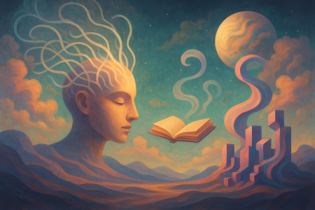 Ilustración surrealista de inteligencia artificial como arquitectura mental en entorno onírico