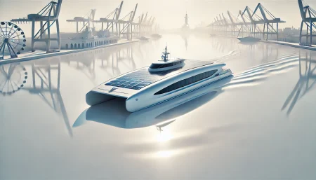 Ilustración digital minimalista y subrealista del ferry eléctrico Ecocat Tres, impulsado por energía solar, navegando en el Puerto de Barcelona. Diseño limpio, fondo blanco, movilidad sostenible en el mar.