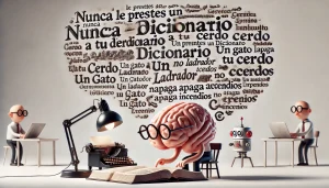 Ilustración minimalista de inteligencia artificial explicando dichos inventados, con cerebro leyendo un diccionario y robot escribiendo.