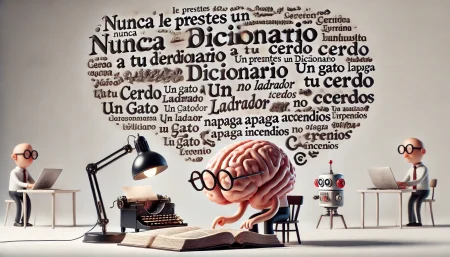 Ilustración minimalista de inteligencia artificial explicando dichos inventados, con cerebro leyendo un diccionario y robot escribiendo.